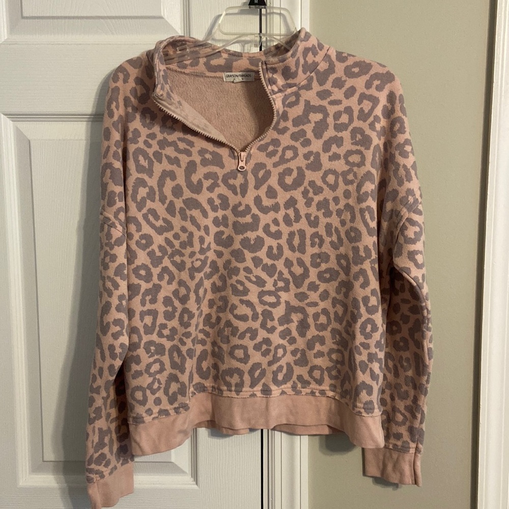 Grayson Threads pink and gray leopard zip crop sweatshirt